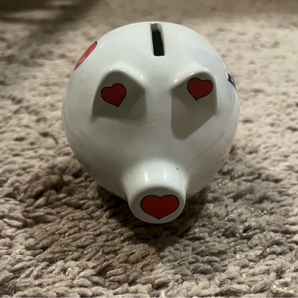 White Piggy Bank with Red Heart Accents